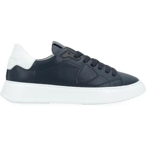Blaue Leder Temple Sneaker mit weißen Details , Herren, Größe: 41 EU - Philippe Model - Modalova