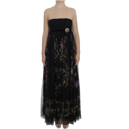 Mehrfarbige Rosen- und Schlüsseldruck Seidenkristallbrosche Kleid - Dolce & Gabbana - Modalova