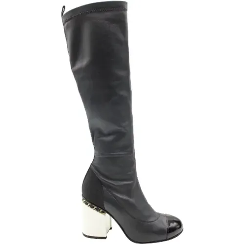 Navy Leather Chain Detail Knee-High Boots , female, Sizes: 3 1/2 UK - Chanel Vintage - Modalova