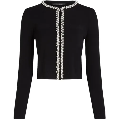 Schwarzer Strickjacke MIT Perlendetail , Damen, Größe: L - Karl Lagerfeld - Modalova