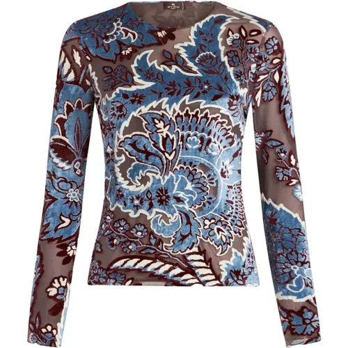 Blaue Blumen Paisley Velvet Top , Damen, Größe: 2XS - ETRO - Modalova