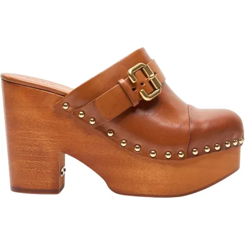 Leather Wedge Clogs with Wooden Sole , female, Sizes: 7 UK, 8 UK - Chloé - Modalova