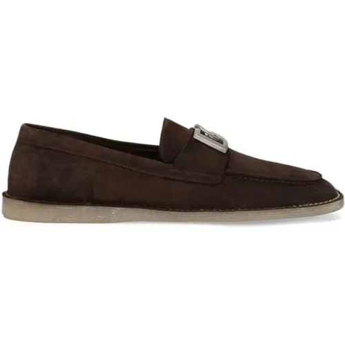 Logo Plaque Suede Loafers,Ebony Sandalen - 98% Baumwolle 2% Elasthan - Dolce & Gabbana - Modalova