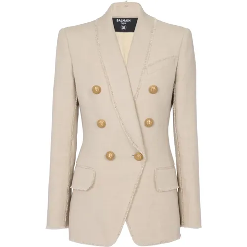 Fringed linen jacket with shawl collar , female, Sizes: XS - Balmain - Modalova
