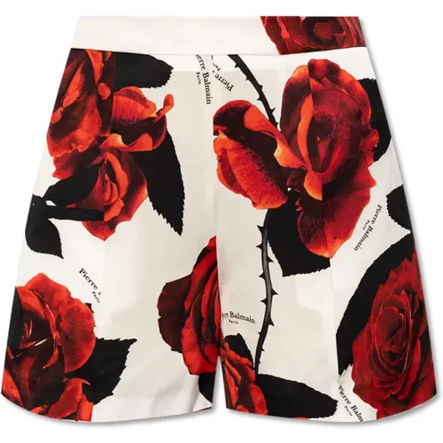 Satin shorts with rose motif , female, Sizes: S - Balmain - Modalova