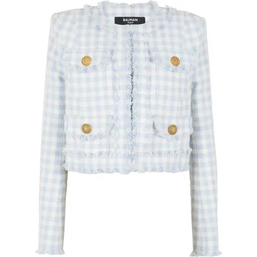 White Gingham Tweed Jacket , female, Sizes: S - Balmain - Modalova