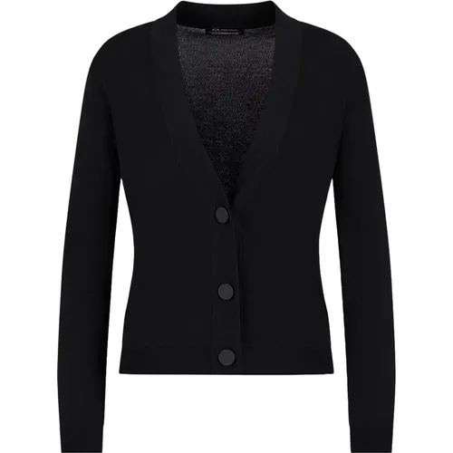 Schwarzer Pullover Markenlogo Lange Ärmel Knopfverschluss , Damen, Größe: S - Armani Exchange - Modalova