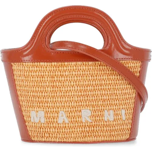 Baumwollmischung Handtasche mit Besticktem Logo,Tasche mit gewebten Raffiabahnen und Leder Verschluss - Marni - Modalova