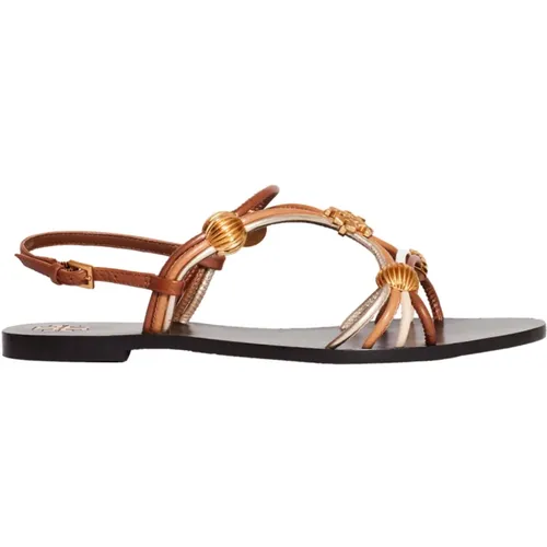 Tan Leather Low Sandals with Gold Accent , female, Sizes: 4 UK - TORY BURCH - Modalova