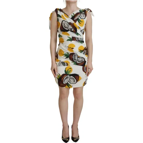 White Coconut Print Sheath Mini Silk Dress , female, Sizes: S - Dolce & Gabbana - Modalova