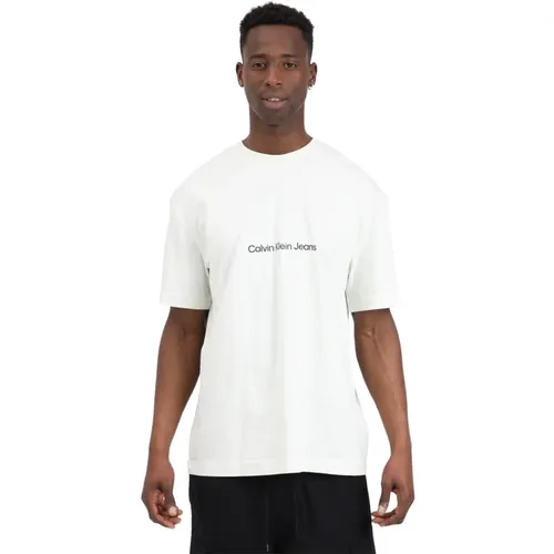 Herren Creme Logo T-Shirt Gerippter Rundhalsausschnitt , Herren, Größe: S - Calvin Klein Jeans - Modalova