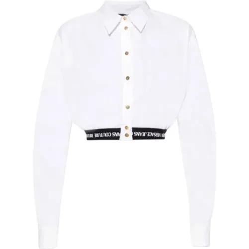 Weiße Kurzarmbluse mit schwarzem elastischem Saum und weißem Logo-Druck - Größe 42 , Damen, Größe: XS - Versace Jeans Couture - Modalova