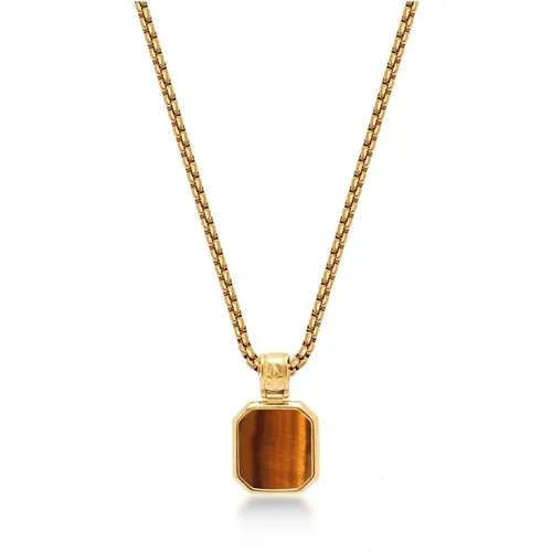 Gold Necklace with Square Brown Tiger Eye Pendant , male, Sizes: ONE SIZE - Nialaya - Modalova