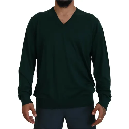 Eleganter Grüner Kaschmir V-Ausschnitt Pullover , Herren, Größe: 5XL - Dolce & Gabbana - Modalova