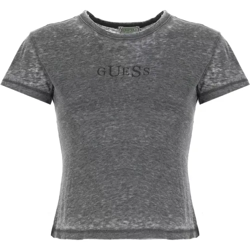 Graues Baumwollmisch-T-Shirt für Frauen , Damen, Größe: L - Guess - Modalova