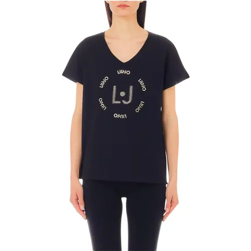Schwarzes Baumwoll-Stretch V-Ausschnitt T-Shirt - Liu Jo - Modalova