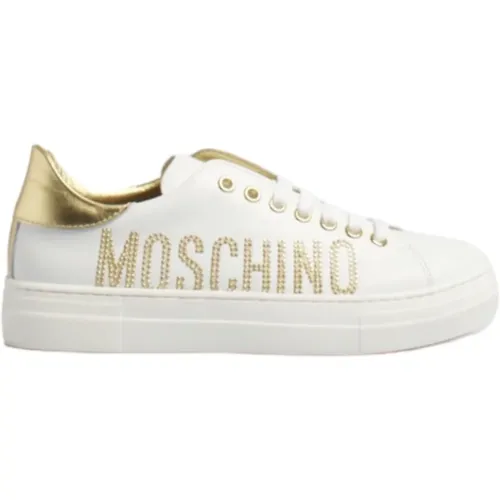 Weiße Ledersneaker mit Gold Strass Logo , Damen, Größe: 36 EU - Moschino - Modalova