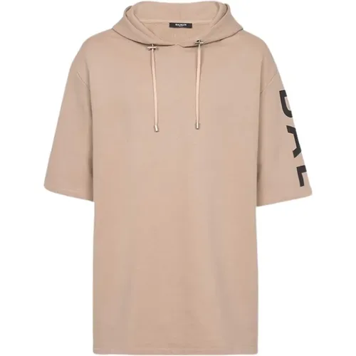 Oversized Cotton Hoodie with Short Sleeves , male, Sizes: M, L - Balmain - Modalova