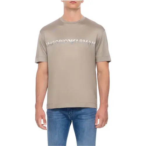 Jersey Baumwoll- und Lyocell-T-Shirt mit Besticktem Logo - Emporio Armani - Modalova