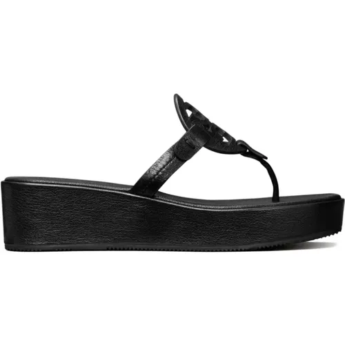 Schwarze Leder Double T Sandalen , Damen, Größe: 37 EU - TORY BURCH - Modalova