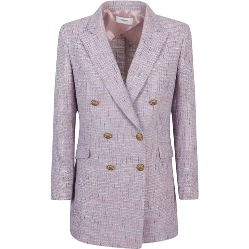 Doppelreihiger Tweed Blazer Rosa Blau Weiß , Damen, Größe: M - SAULINA - Modalova