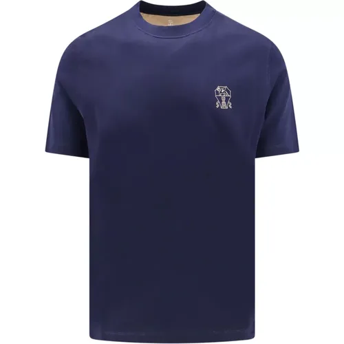 Blau Crew-neck T-Shirt Kurzarm , Herren, Größe: M - BRUNELLO CUCINELLI - Modalova