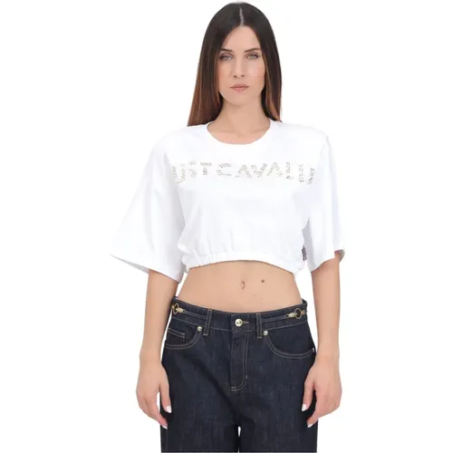 Weiße Logo-verzierte Crop-T-Shirt , Damen, Größe: L - Just Cavalli - Modalova