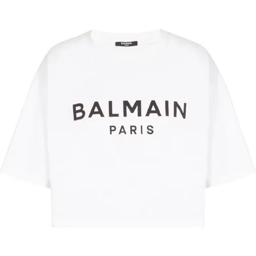 Kurzes T-Shirt aus Öko-Baumwolle mit aufgedrucktem -Logo , Damen, Größe: 2XS - Balmain - Modalova