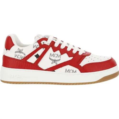 Leder Sneakers Rot Weiß Logo Druck , Damen, Größe: 37 EU - MCM - Modalova