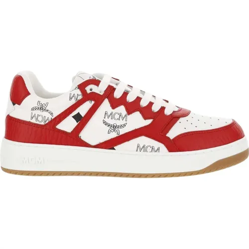 Leder Sneakers Rot Weiß Logo Druck , Damen, Größe: 38 EU - MCM - Modalova
