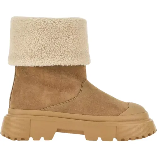 Beige Pelz Stiefeletten Bouclé Stil , Damen, Größe: 38 1/2 EU - Hogan - Modalova