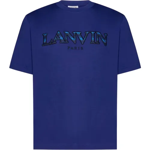 Blau Baumwoll-Crewneck T-Shirt mit geprägtem Logo , Herren, Größe: M - Lanvin - Modalova