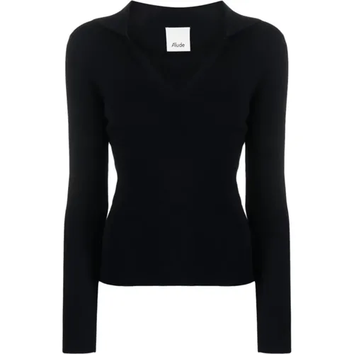 Midnight Blue Ribbed Knit Sweater , female, Sizes: L - allude - Modalova