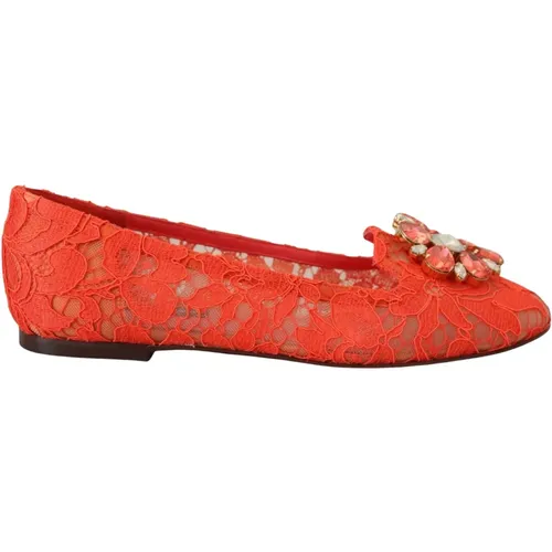 Rote Taormina Spitze Kristall Ballett Flats Schuhe , Damen, Größe: 35 EU - Dolce & Gabbana - Modalova