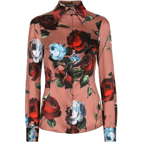 Floral-print stretch-silk shirt , female, Sizes: S, XS, M - Dolce & Gabbana - Modalova