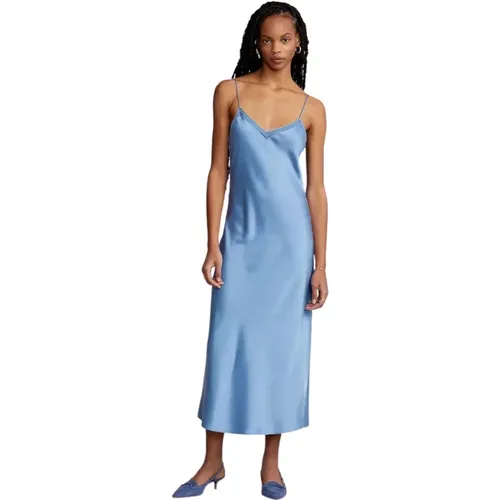 Blaues Satin Midi Kleid mit Verstellbaren Trägern , Damen, Größe: M - Ralph Lauren - Modalova