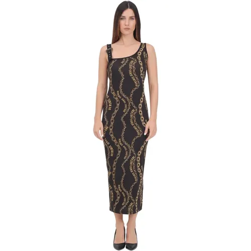 Schwarzes Baumwoll-Midi-Kleid mit Goldkettendruck , Damen, Größe: L - Versace Jeans Couture - Modalova