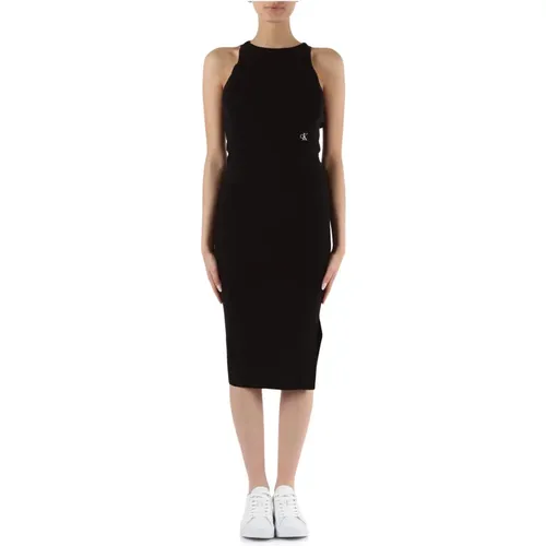 Ribbed midi dress with logo embroidery , female, Sizes: M - Calvin Klein Jeans - Modalova