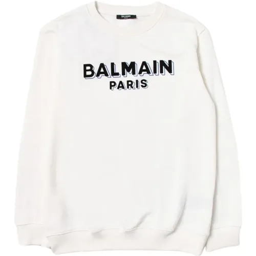 Weißer Pullover Samt Logo Langarm - Balmain - Modalova