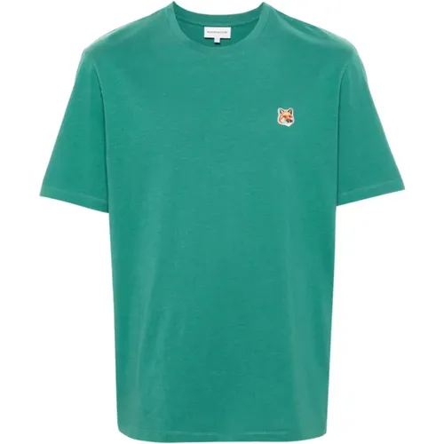Grüne T-Shirts und Polos mit Fox Head Patch,Grünes T-Shirt mit Fox Head Patch,Grüne T-Shirts und Polos,T-Shirts - Maison Kitsuné - Modalova