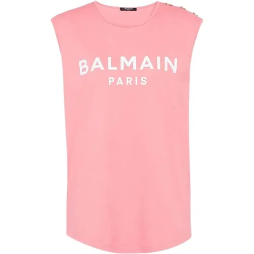 Salmon and White Cotton T-Shirt , female, Sizes: S - Balmain - Modalova