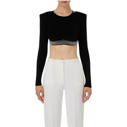 Luxurious Long Sleeve Cropped Top with Embroidery , female, Sizes: L - Elisabetta Franchi - Modalova