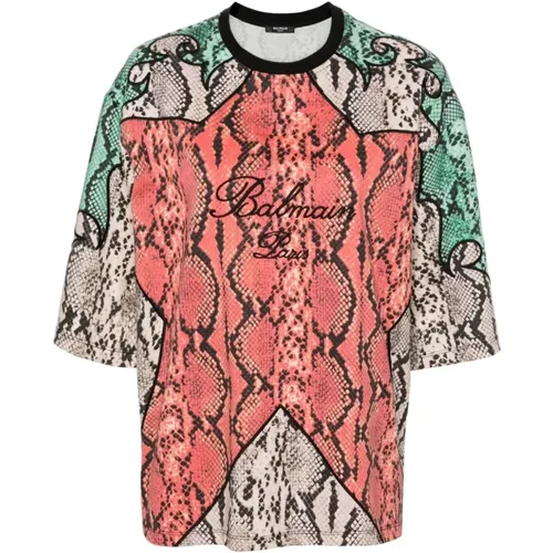 MultiColour Python Print Bestickte T-Shirts , Damen, Größe: L - Balmain - Modalova