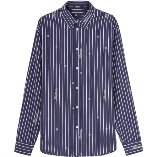 Nautical Stripe Logo Shirt in Navy , male, Sizes: M, L - Versace - Modalova