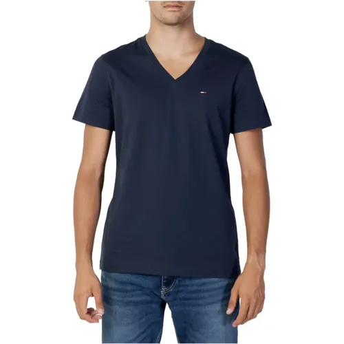 Blaues einfarbiges V-Ausschnitt T-Shirt für Herren , Herren, Größe: 2XL - Tommy Jeans - Modalova