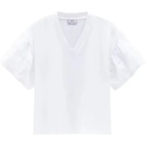 Weißes T-Shirt, Klassischer Stil , Damen, Größe: M - Woolrich - Modalova