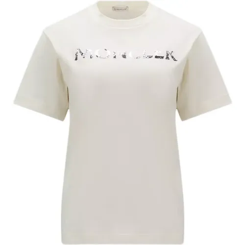 Weiße Gerippte T-Shirts und Polos mit Pailletten-Logo - Moncler - Modalova