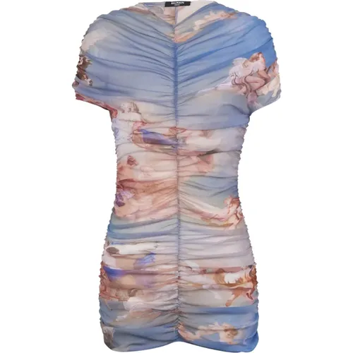 Sky printed gathered tulle dress - Balmain - Modalova