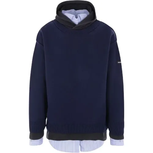 Blauer Lagenlook Trompe-loeil Pullover,Baumwollstrick Sweatshirt mit Hemddetail,Blaue Pullover mit Weiß/Blauem Detail - Balenciaga - Modalova