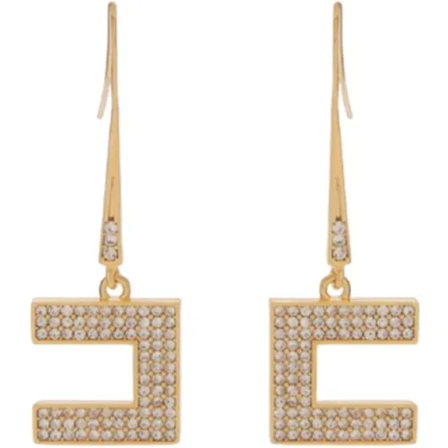 Goldene Metall Logo Ohrringe mit Str Anhänger , Damen, Größe: ONE Size - Elisabetta Franchi - Modalova